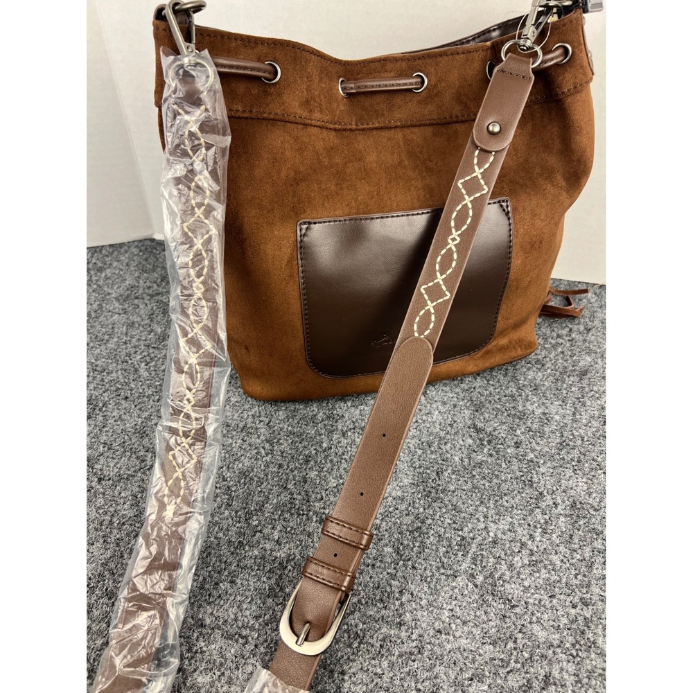 Montana West Brown Faux Suede Fringe Crossbody Bucket Bag Boot Stitch Hobo NWT - Picture 6 of 10